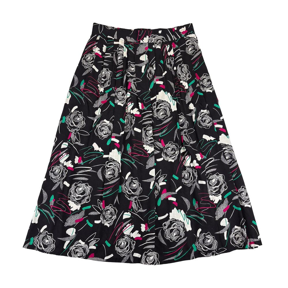 VTG 90s Abstract Floral Midi Skirt Women M Black Rayon Retro Greenwich Square
